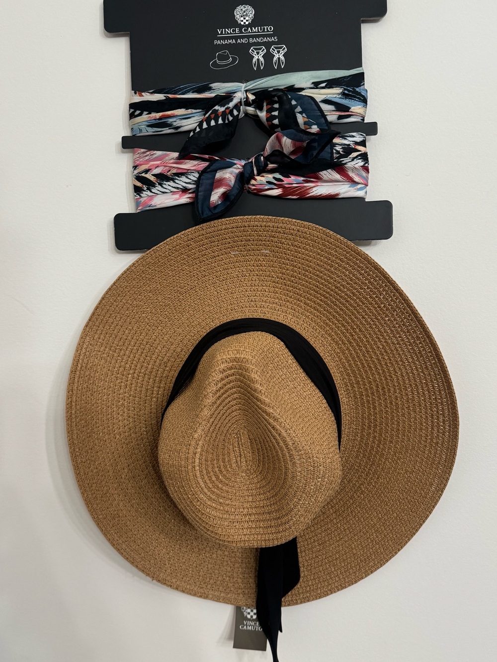 NWT Vince Camuto Panama Wide-Brim Straw Hat with Black Tie & 2 Bandanas #2